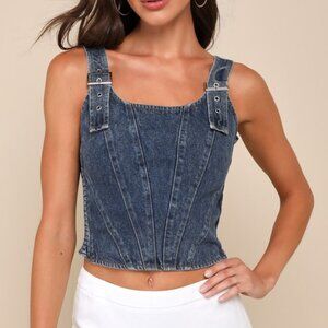 Lulus Popular Icon Dark Wash Denim Bustier Crop Top Blue - Size S